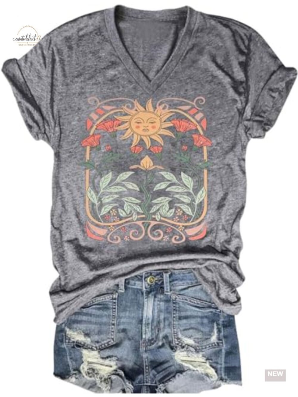 Boho Wildflower Floral V-Neck Cotton Tee Women's Graphic T-Shirt